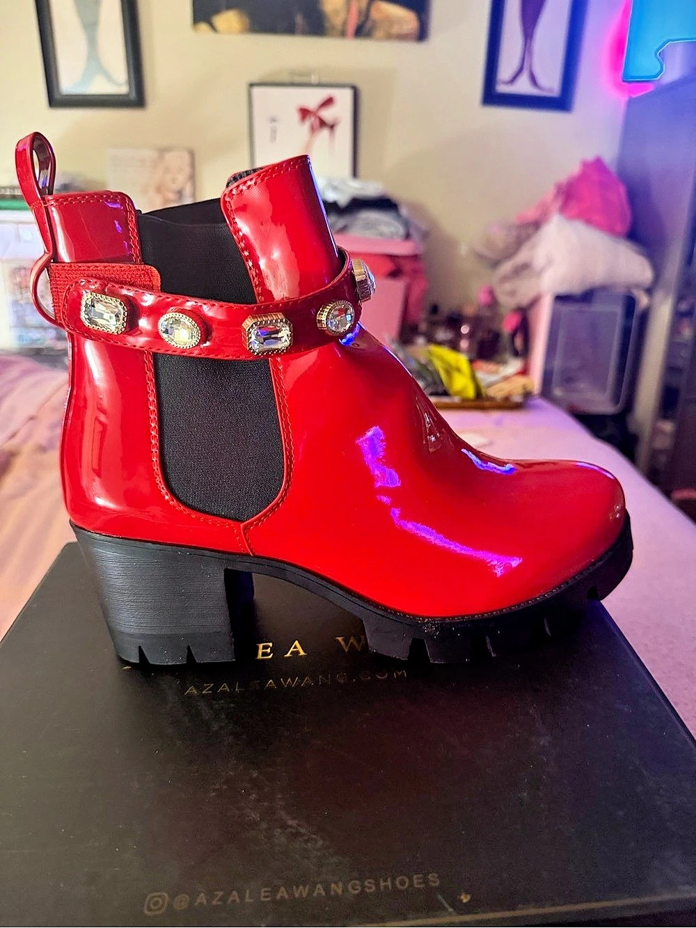 Azalea Wang Red & Black Embellished Ankle Boots